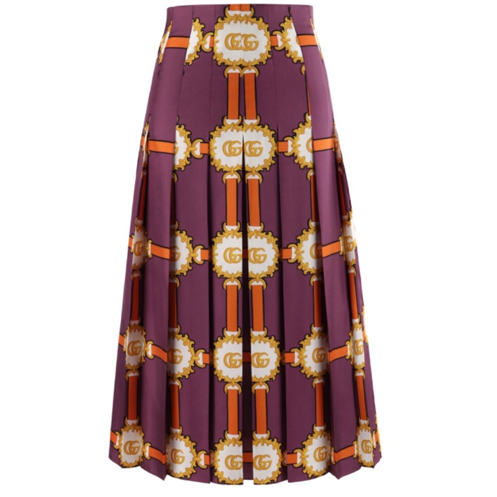 💜Gucci 2019 Purple Gold Marmont GG Doubloon Harness Silk Pleated Skirt💜 - Picture 1 of 8